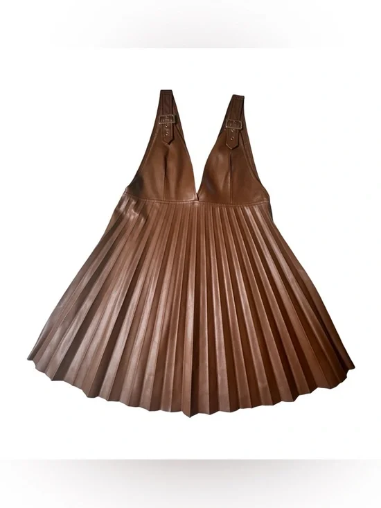 NWT ZARA Brown Vegan Leather Pleated Dress - Picture 8 of 9